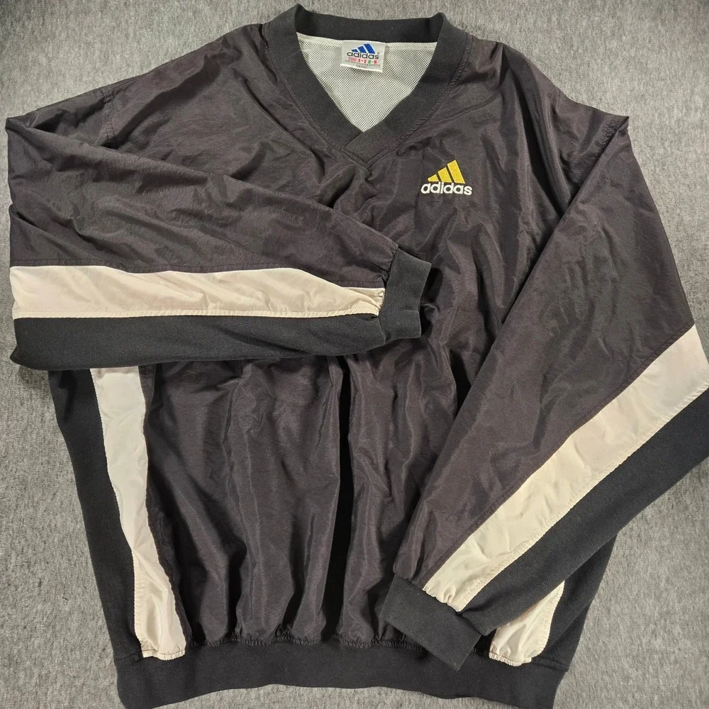 Vintage Adidas Windbreaker Mens XXL Black V-Neck Mesh Lined Pullover Gorpcore
